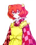  akenoin_soumon apron bell checkered clothes_writing glasses hair_bell hair_ornament long_sleeves looking_at_viewer motoori_kosuzu red_eyes red_hair short_hair simple_background smile solo touhou two_side_up white_background wide_sleeves 