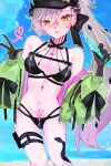  1girl bare_shoulders baseball_cap beach bikini black_bikini black_hands black_hat blue_sky blush body_markings breasts choker cleavage colored_extremities commentary_request crossed_bangs demon_girl demon_horns fate/grand_order fate_(series) green_eyes green_jacket grey_hair hair_between_eyes hat high_ponytail highres horns jacket lilith_(fate) lilith_(swimsuit_rider)_(fate) lilith_(swimsuit_rider)_(first_ascension)_(fate) long_hair long_sleeves looking_at_viewer medium_breasts multicolored_jacket navel off_shoulder pink_jacket ponytail sky smile solo stomach_tattoo swimsuit t_maguo tattoo thigh_strap thighs tongue tongue_out two-tone_jacket zipper_bikini 