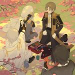  4boys absurdres armor bento black_gloves black_hair blonde_hair branch brown_eyes brown_hair cherry_blossoms cloak commentary cup food gloves hanami highres hood ichigo_hitofuri japanese_armor japanese_clothes kashuu_kiyomitsu kneeling male_focus mikazuki_munechika multiple_boys on_one_knee partially_fingerless_gloves petals saniwa_(touken_ranbu) shoulder_armor sitting sode sola0316 touken_ranbu tray tsurumaru_kuninaga wagashi white_gloves white_hair 