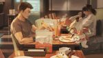  1girl 2boys ao_isami black_hair bonbaba_007 bravern commentary_request cup drink food fork holding holding_fork indoors licking_lips male_focus multiple_boys pancake parted_lips restaurant robot short_hair sideburns tongue tongue_out watch wristwatch yuuki_bakuhatsu_bang_bravern 
