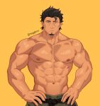  1boy abs bara black_hair broad_shoulders cheekbones closed_mouth commentary_request decadence_(anime) facial_hair goatee hands_on_own_hips highres kaburagi_(decadence) large_pectorals looking_at_viewer male_focus mature_male more_muscular_than_canon muscular muscular_male navel nipples pectorals scar scar_on_face short_hair simple_background solo topless_male twitter_username yellow_background zagghov 