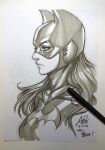  1girl art_tools_in_frame batgirl batman_(series) batman_symbol breasts closed_mouth commentary dc_comics english_commentary from_side gift_art greyscale long_hair marker_(medium) mask monochrome scan signature simple_background solo stanley_lau traditional_media upper_body 