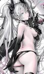  1girl areola_slip ass black_hands black_panties blush body_markings breasts choker clothes_pull colored_extremities commentary_request crossed_bangs dakimakura_(medium) demon_girl demon_horns demon_wings fate/grand_order fate_(series) green_eyes grey_hair horns kousaki_rui lilith_(fate) lilith_(second_ascension)_(fate) long_hair looking_at_viewer looking_back medium_breasts navel panties pointy_ears solo tongue tongue_out topless_female twintails underwear very_long_hair wings 