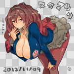  bent_over blush breasts brown_eyes brown_hair cleavage huge_breasts long_hair matsuri_(teriyaki) original pantyhose school_uniform skirt solo sweat teriyaki thick_thighs thighs 