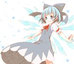  blue_eyes blue_hair bow cirno dress grin hair_bow kuronuko_neero md5_mismatch short_hair smile solo touhou wings 