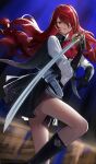  1girl belt belt_pouch black_boots black_cape black_gloves black_skirt boots bow bowtie breasts cape closed_mouth commentary elbow_gloves expressionless feet_out_of_frame floating_hair gloves hair_over_one_eye highres holding holding_sword holding_weapon isshiki_(ffmania7) kirijou_mitsuru large_bow lipstick long_hair looking_at_viewer makeup medium_breasts official_alternate_costume persona persona_3 persona_3_reload pouch rapier red_bow red_bowtie red_eyes red_hair red_lips reverse_grip ribbed_shirt s.e.e.s shirt signature skirt solo standing sword untranslatable_commentary weapon white_belt white_shirt 
