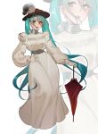  1girl absurdres alternate_costume aqua_eyes aqua_hair black_hat blush clip_studio_paint_(medium) commentary dress english_commentary eyelashes full_body gloves grey_dress grey_gloves hand_on_own_hip hat hat_feather hatsune_miku highres holding holding_umbrella lips long_dress long_hair long_sleeves open_mouth simple_background solo sunnypoppy teeth twintails umbrella upper_teeth_only very_long_hair vocaloid white_background zoom_layer 