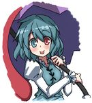  blue_hair deku_(dekunosu) heterochromia karakasa_obake looking_at_viewer purple_umbrella red_eyes smile solo tatara_kogasa tongue touhou umbrella 