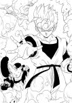  1boy 1girl aura belt blood blood_from_mouth clenched_hand closed_mouth collarbone cowboy_shot dougi dragon_ball dragon_ball_z duplicate dust fighting_stance fingerless_gloves frown gloves greyscale gvdygdu hair_tubes hatching_(texture) image_sample injury looking_at_another looking_at_viewer low_twintails monochrome muscular muscular_male open_hand open_mouth pectorals protecting serious shirt short_hair son_gohan son_gohan_(future) spiked_hair super_saiyan super_saiyan_1 sweatdrop tank_top_over_shirt thick_eyebrows toriyama_akira_(style) torn_clothes twintails twitter_sample undershirt videl wristband 