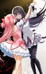  2girls akemi_homura akemi_homura_(magical_girl) back black_background black_hair black_hairband boots bow chinese_commentary collarbone commentary dancing dress eye_contact frilled_dress frilled_skirt frilled_sleeves frills from_behind gloves hair_bow hairband hand_on_another's_back highres kaname_madoka kaname_madoka_(magical_girl) lazy_yuanying light_particles long_hair looking_at_another magical_girl mahou_shoujo_madoka_magica mahou_shoujo_madoka_magica_(anime) multiple_girls multiple_hair_bows pink_dress pink_ribbon pleated_skirt purple_eyes purple_skirt ribbon shirt shoulder_blades skirt smile string string_of_fate thigh_boots thighs very_long_hair waltz_(dance) white_background white_gloves white_shirt yuri 