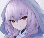  1girl atsuko_(blue_archive) blue_archive braid closed_mouth coat collared_shirt commentary eyelashes hair_between_eyes highres hood hooded_coat long_hair looking_at_viewer portrait purple_hair red_eyes shirt simple_background sketch smile solo split_mouth twin_braids white_background white_coat white_shirt wrightia 