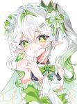  1girl bare_shoulders bow commentary_request cross-shaped_pupils detached_sleeves dress finger_to_cheek fingernails frilled_hairband frills genshin_impact green_bow green_eyes green_hair hair_between_eyes hair_ornament hairband highres leaf_hair_ornament long_hair long_sleeves looking_at_viewer multicolored_hair nahida_(genshin_impact) pointy_ears side_ponytail simple_background sleeveless sleeveless_dress solo symbol-shaped_pupils white_background white_hair xd_yuh182 