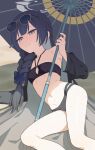  1girl beach_umbrella bikini black_bikini black_hair black_robe blue_archive braid braid_over_shoulder breasts butterfly_hair_ornament cleavage_cutout clothing_cutout commentary_request feet_out_of_frame grey_eyes grey_halo hair_between_eyes hair_ornament halo hayako highres holding holding_umbrella kisaki_(blue_archive) kisaki_(swimsuit)_(blue_archive) long_hair looking_at_viewer navel official_alternate_costume official_alternate_hairstyle oil-paper_umbrella robe side_braid single_off_shoulder small_breasts solo sunglasses swimsuit umbrella very_long_hair 