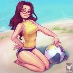  1girl ball beach beachball bikini blue_bikini blue_panties breasts brown_eyes brown_hair foxilumi glasses grass grin hand_on_own_hip holding holding_ball holding_beachball lips long_hair looking_at_viewer ocean original outstretched_arm panties parted_hair parted_lips red-framed_eyewear sand shirt signature sitting sleeveless sleeveless_shirt smile solo swimsuit teeth underwear wariza yellow_shirt 