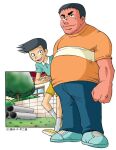  2boys bad_id black_hair blue_eyes blue_pants blue_shirt blue_shoes closed_mouth doraemon full_body gouda_takeshi grass honekawa_suneo kawamoto_yuutarou looking_at_viewer male_focus multiple_boys open_mouth orange_shirt pants shirt shoes short_hair shorts smile socks tree white_socks yellow_shoes yellow_shorts 