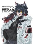  1girl animal_ear_fluff animal_ears arknights black_hair black_sweater blood blood_on_face character_name closed_mouth coat colored_inner_hair commentary_request dog_tags english_text fur-trimmed_coat fur_trim hair_between_eyes highres long_hair long_sleeves multicolored_hair n4jikai official_alternate_costume open_clothes open_coat red_hair simple_background solo sweater texas_(arknights) texas_(winter_messenger)_(arknights) turtleneck turtleneck_sweater white_background white_coat wolf_ears wolf_girl yellow_eyes 