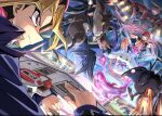  2boys absurdres aq_gohan backpack bag black_shirt blonde_hair bright_pupils card character_request closed_mouth commentary_request crossover dracky dragon_quest hand_on_headwear hat highres holding holding_card holding_poke_ball jacket long_sleeves male_focus multiple_boys multiple_crossover muto_yugi outstretched_arm poke_ball pokemon pokemon_firered_and_leafgreen red_(pokemon) red_eyes red_hat red_vest shirt short_sleeves split_mouth standing vest vs_seeker white_pupils wristband yellow_bag yu-gi-oh! yu-gi-oh!_duel_monsters 