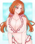 1girl bikini bleach blush breasts brown_eyes cleavage commentary english_commentary frilled_bikini frills hair_ornament highres inoue_orihime large_breasts navel orange_hair shiny_skin solo swimsuit twintails white_bikini zrozelia 