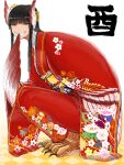  1girl bad_drawr_id bad_id bird_legs black_hair blunt_bangs blunt_sidelocks brown_eyes claws copyright_request floral_print floral_print_kimono flower from_side furisode grin hair_flower hair_ornament harpy head_wings japanese_clothes kimono long_hair long_sidelocks looking_at_viewer monster_girl obi obiage obijime oekaki ponytail print_kimono red_kimono sash sharp_teeth sidelocks smile solo squatting sukeroku_(treeee) talons teeth translation_request white_background winged_arms wings 