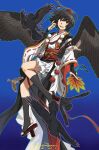  1girl aeronmeri_19198 bird bird_wings black_bird black_hair black_socks black_wings bloomers blue_background bridal_gauntlets commentary_request crow dated detached_sleeves full_body geta gradient_background hat hauchiwa highres japanese_clothes kimono kneehighs kourindou_tengu_costume looking_at_viewer obijime official_alternate_costume open_mouth pom_pom_(clothes) red_eyes red_hat red_sash ribbon-trimmed_sleeves ribbon_trim sash shameimaru_aya short_hair signature smile socks solo sparrow tengu-geta toeless_legwear tokin_hat touhou white_bloomers white_kimono wide_sleeves wings 