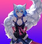  1girl :3 animal_ear_fluff animal_ears arms_behind_back back_bow bare_shoulders black_corset blue_choker blue_eyes blue_hair bow breasts choker cleavage cleavage_cutout closed_mouth clothing_cutout collarbone commentary corset detached_sleeves double-parted_bangs dress english_commentary fluffy_tail frilled_choker frills furry furry_female gradient_background hair_between_eyes highres indie_virtual_youtuber lips looking_at_viewer medium_breasts meroo_art multicolored_hair pale_skin petticoat pink_background pink_bow puffy_detached_sleeves puffy_sleeves purple_background short_dress short_hair sleeveless sleeveless_dress smile solo standing straight-on streaked_hair tail thigh_gap twitter_username two-tone_background two-tone_hair upper_body very_long_tail virtual_youtuber watermark white_sleeves white_streaks white_tail wolf_ears wolf_girl wolf_tail wolfychu 