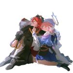  3boys 3girls absurdres asymmetrical_gloves backlighting black_boots black_gloves black_hair black_jacket black_pants blue_jacket blue_skirt boots caelus_(honkai:_star_rail) closed_eyes closed_mouth commentary dan_heng_(honkai:_star_rail) dan_heng_(permansor_terrae)_(honkai:_star_rail) dragon_boy dragon_horns dress dual_persona elbow_gloves feathered_wings full_body gloves grey_hair hair_between_eyes hair_ornament halo halo_behind_head hand_on_another's_back hand_on_another's_head hand_up happy head_wings headpat high_heel_boots high_heels highres himeko_(honkai:_star_rail) himeko_(nova)_(honkai:_star_rail) honkai:_star_rail honkai_(series) hood hooded_jacket horns hug jacket long_hair long_sleeves march_7th_(honkai:_star_rail) march_7th_(preservation)_(honkai:_star_rail) mismatched_gloves multiple_boys multiple_girls oh_my_julai pants pink_hair pleated_skirt puffy_long_sleeves puffy_sleeves red_gloves red_hair scarf seiza shirt short_hair sidelocks simple_background sitting skirt smile star_(symbol) star_hair_ornament stelle_(honkai:_star_rail) sunday_(honkai:_star_rail) teeth the_nameless_(honkai:_star_rail) trailblazer_(honkai:_star_rail) white_background white_dress white_gloves white_scarf white_shirt wings 