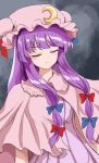  1girl blue_bow bow capelet closed_eyes closed_mouth commentary crescent crescent_hat_ornament dress facing_viewer grey_background hair_bow hat hat_ornament highres long_hair mob_cap multiple_hair_bows namiki_(remiter00) patchouli_knowledge pink_capelet pink_dress pink_hat purple_hair red_bow solo striped_clothes striped_dress touhou vertical-striped_clothes vertical-striped_dress very_long_hair 