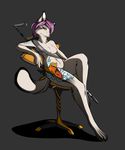  4_toes anthro canine claws digitigrade dragon female fox fur grey_background gun hair hindpaw impreza looking_at_viewer mammal nude paws pink pink_hair plain_background ranged_weapon rifle sitting solo sti tattoo toes tridognait weapon white_fur 