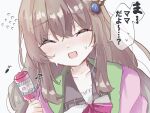 1girl 9-nine- :d ^_^ blush bow brown_hair cardigan close-up closed_eyes commentary_request facing_viewer flying_sweatdrops gear_hair_ornament hair_ornament hakusen_academy_school_uniform highres holding kujou_miyako long_hair motion_lines musical_note nervous nervous_smile nervous_sweating open_mouth pink_cardigan purple_bow sakaniwa_t school_uniform sidelocks simple_background sketch smile solo speech_bubble sweat translated white_background 