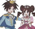  1boy 1girl :d blue_jacket bright_pupils brown_eyes brown_hair clenched_hands commentary_request crown ddakji_0025 double_bun dress eyelashes gloves hair_bun hands_up happy highres jacket korean_commentary long_hair mini_crown nate_(pokemon) open_mouth pink_dress pokemon pokemon_black_2_and_white_2 pokestar_studios rosa_(pokemon) short_sleeves sidelocks simple_background smile tiara white_background white_gloves white_pupils 