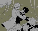  2boys amasaki_pic coat collared_shirt commentary_request dancing dress_shirt esse_series eyepatch_strap_only face-to-face formal_clothes gears gloves greyscale_with_colored_background griffin_stewart hand_on_another's_shoulder holding_hands kobayashi_luca male_focus multiple_boys necktie oshi_no_taisetsuna_hito_ni_narikawaru ribbon shirt sparkle suit 
