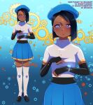  1girl black_gloves black_hair black_shoes blue_background blue_eyes blue_skirt blush bob_cut ciel_soleil closed_mouth commentary dark-skinned_female dark_skin deviantart_username elbow_gloves english_commentary eyelashes facial_mark fingerless_gloves forehead_mark full_body gears gloves instagram_username rwby schrwby shirt shoes short_hair short_sleeves skirt solo standing thighhighs twitter_username watch white_shirt white_thighhighs wristwatch zoom_layer 