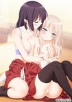  2girls bare_shoulders blonde_hair blush bra breasts cleavage eyes_closed female large_breasts long_hair lowres multiple_girls panties purple_hair sawaguchi_mai school_uniform sitting skirt smile socks sono_hanabira_ni_kuchizuke_wo thighhighs underwear yuri 