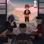  4boys absurdres bandaid bandaid_on_face bandaid_on_nose black_hair character_request commentary flower green_eyes hair_ornament hairclip hat highres hotarumaru hydrangea jar male_focus multiple_boys rain red_hair saniwa_(touken_ranbu) shorts sitting slice_of_life sola0316 table teruterubouzu touken_ranbu tray white_hair yagen_toushirou yellow_eyes 