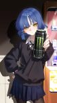  1girl absurdres black_pantyhose black_sweater blue_eyes blue_hair blue_skirt bocchi_the_rock! can closed_mouth collared_shirt commentary_request drink_can hair_ornament hairclip hand_on_own_hip highres holding holding_can incoming_drink looking_at_viewer mole mole_under_eye monster_energy neck_ribbon pantyhose parallel_hairclips pleated_skirt ribbon school_uniform shadow shirt short_hair skirt solo sweater vending_machine white_shirt xi_cccii yamada_ryo yellow_eyes 
