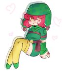  arm_warmers bad_source belt belt_pouch blush brown_belt brown_strap buhanka-chan chest_strap chibi clothing_request dress_shirt fluffy_hair green_arm_warmers green_helmet green_shoes heart helmet highres looking_at_viewer medium_hair nose_blush original pouch red_hair ribbed_arm_warmers russian_ground_forces russo-ukrainian_war shirt shoes short_sleeves sillyswalka_akino sitting smile thighhighs white_shirt yellow_eyes yellow_thighhighs 