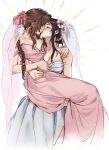  2girls aerith_gainsborough arms_around_neck blush braid breasts bridal_veil brown_hair carrying closed_eyes commentary commission dress english_commentary final_fantasy final_fantasy_vii final_fantasy_vii_remake flower hair_flower hair_ornament highres kiss long_hair multiple_girls pink_dress pink_flower princess_carry pudelmudel second-party_source simple_background single_braid tifa_lockhart veil white_background white_dress white_nails wife_and_wife yuri 