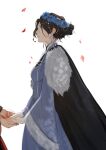  1girl 1other a_song_of_ice_and_fire black_cloak black_hair blood blood_on_hand blue_dress blue_flower blue_rose cloak commentary dress earrings english_commentary falling_petals flower frendraw from_side fur_cloak grey_eyes hair_bun hair_flower hair_ornament highres jewelry lyanna_stark parted_lips petals ring rose simple_background white_background wide_sleeves 