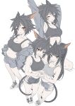 2girls absurdres animal_ear_fluff animal_ear_request arms_up black_hair black_shoes black_sports_bra breasts brown_eyes character_request cleavage commentary commission copyright_request denim denim_shorts double-parted_bangs english_commentary from_above grey_jacket grey_shorts grey_sports_bra hair_between_eyes heart heart_hands highres hood hood_down hooded_jacket jacket long_sleeves looking_at_viewer medium_breasts midriff multiple_girls multiple_views navel open_clothes open_jacket red_eyes shadow shoes shorts side-by-side simple_background sports_bra stretching t1kosewad tail thighs torn_clothes torn_shorts white_background white_shoes 