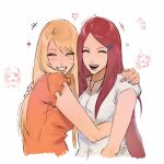  >_< 2girls arm_around_shoulder artist_name bleerghw breasts chibi chibi_inset commentary english_commentary facial_mark grin hair_ornament hairclip highres hug long_hair medium_breasts mother_and_child mother_and_daughter multiple_girls naruko_(naruto) naruto_(series) naruto_shippuuden open_mouth parent_and_child signature smile uzumaki_kushina very_long_hair whisker_markings 