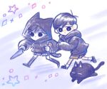  2boys alternate_costume animated animated_gif antenna_hair black_eyes black_hair black_hoodie black_shoes black_thighhighs bright_pupils brown_shorts cat closed_mouth colored_skin dual_persona holding holding_knife hood hood_down hood_up hoodie knife laser-lance long_sleeves male_focus mewo multiple_boys omori omori_(omori) shoes short_hair shorts socks striped_clothes striped_shorts sunny_(omori) thighhighs vertical-striped_clothes vertical-striped_shorts white_pupils white_shorts white_skin white_socks 