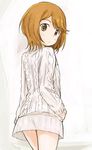  abe_kanari aran_sweater brown_eyes brown_hair from_behind kinuhata_saiai looking_at_viewer short_hair solo sweater to_aru_majutsu_no_index white_background 