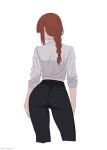  1girl ass black_pants braid braided_ponytail chainsaw_man collared_shirt commentary contrapposto cropped_legs english_commentary from_behind hair_tie highres long_hair long_sleeves makima_(chainsaw_man) midriff_peek pants pcharlesart red_hair shirt simple_background sleeves_rolled_up solo white_background white_shirt 