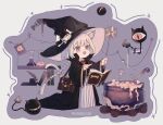  +_+ 1girl :o animal_ear_fluff animal_ears bag beaker black_hat black_robe book bow bowtie braid braided_ponytail cat_ears cat_girl cat_tail cauldron chibi commentary creature dress ears_through_headwear erlenmeyer_flask fang flask floating floating_book floating_object full_body grey_background grey_hair hat highres holding holding_wand long_hair long_sleeves open_book open_mouth original pointing potion purple_eyes quill red_bow red_bowtie robe short_eyebrows shoulder_bag single_braid sola0316 solo standing star_(symbol) symbol-shaped_pupils tail telekinesis test_tube thick_eyebrows very_long_hair wand watermark wide_sleeves witch witch_hat 