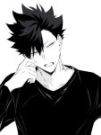 1boy arm_up chun_lz collarbone commentary greyscale haikyuu!! hair_between_eyes highres kuroo_tetsurou long_sleeves looking_to_the_side male_focus monochrome open_mouth shirt short_hair sideways_glance simple_background spiked_hair twitter_username untranslatable_commentary upper_body v-neck white_background 