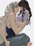  1boy 1girl barefoot blue_eyes chinese_commentary chiniy commentary_request eye_contact face-to-face from_side grey_hair hand_under_clothes hand_under_shirt hetero highres hood hood_up hoodie imminent_kiss long_hair looking_at_another love_and_deepspace open_mouth pants profile protagonist_(love_and_deepspace) shirt short_hair shorts sitting sitting_on_lap sitting_on_person sleeveless sleeveless_hoodie sweat watermark weibo_watermark white_background white_hoodie xavier_(love_and_deepspace) 