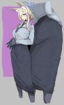  1girl animal_ears ass ass_focus black_gloves blonde_hair blue_archive blue_eyes blue_lips blue_skirt breasts dog_ears gloves grey_background hair_bun halo highres kanna_(blue_archive) large_breasts leebo_(leeboxxx) necktie pantyhose sidelocks simple_background sketch skirt tall_female 