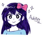  +_+ 1girl :> alternate_eye_color aubrey_(headspace)_(omori) aubrey_(omori) black_eyes blue_shirt blush bow closed_mouth commentary double-parted_bangs english_commentary english_text hair_between_eyes hair_bow long_hair looking_at_viewer nrdeluxe omori pink_bow purple_hair shirt sidelocks simple_background sketch smile solo t-shirt white_background 