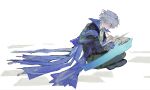  1boy absurdres black_pants blue_hair blue_scarf book closed_mouth commentary from_side genshin_impact hair_between_eyes high_collar highres holding holding_quill ikiisogi indian_style long_sleeves looking_down mitya_(genshin_impact) on_ground pants paper purple_eyes quill reading scarf shade sitting solo wavy_hair white_background 