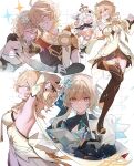  1boy 2girls absurdres aether_(genshin_impact) arm_armor arm_around_another's_back arms_behind_back arms_up backless_dress backless_outfit bare_shoulders black_gloves black_shirt blonde_hair blue_dress blue_gloves boots breasts brother_and_sister brown_boots closed_eyes detached_sleeves dress flower genshin_impact gloves grid_background grin gun hair_between_eyes hair_flower hair_ornament halo hand_in_own_hair hand_on_another's_shoulder highres holding holding_gun holding_hands holding_weapon looking_at_another looking_at_viewer lumine_(as_heaven_and_earth_are_made_anew)_(genshin_impact) lumine_(genshin_impact) lumine_(night_hunt_in_snow)_(genshin_impact) medium_breasts multiple_girls multiple_persona multiple_views naya_nya23 official_alternate_costume open_mouth paimon_(genshin_impact) partially_fingerless_gloves romper shirt short_hair_with_long_locks siblings smile thigh_boots weapon white_background white_dress white_hair white_romper 